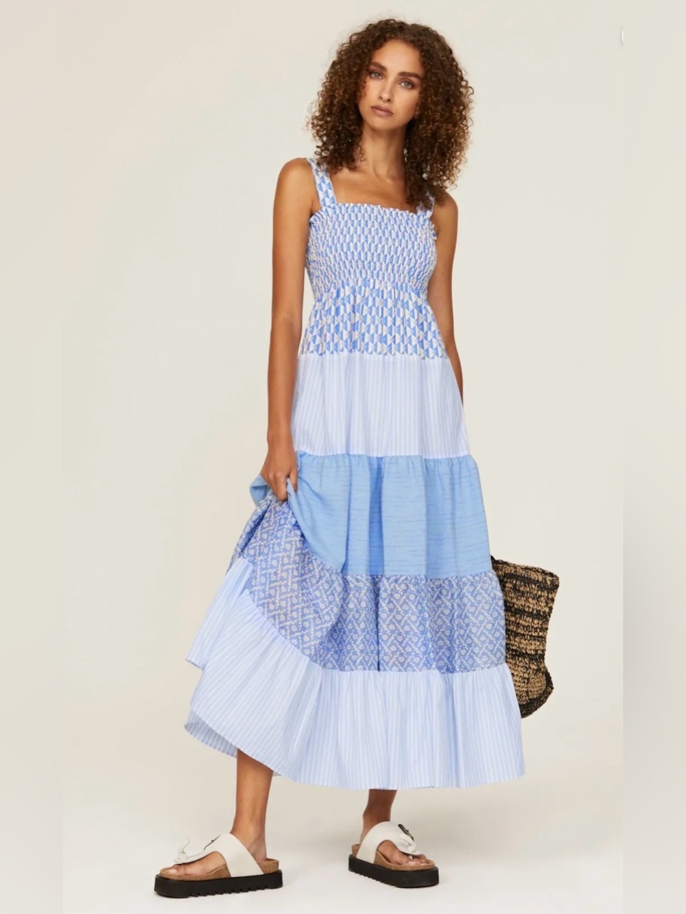 Sandro tropea dress Light Blue Tiered Maxi Dress with Smocked Bodice